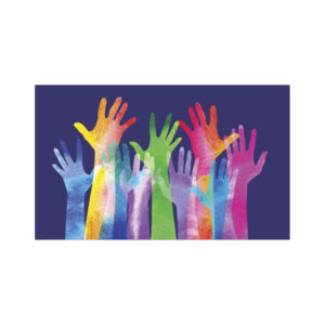 multicoloured raised hands